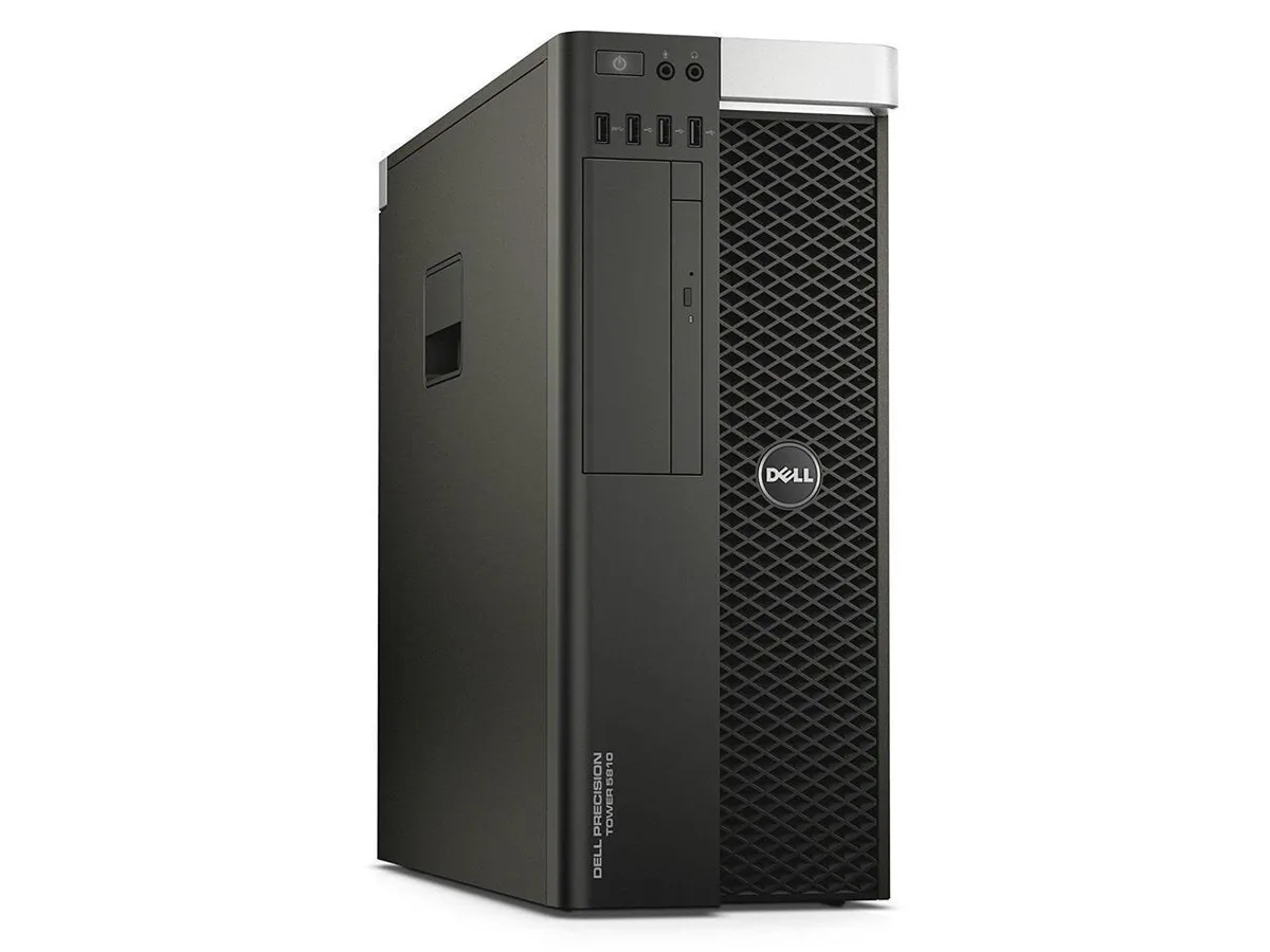 Black tower workstation with front panel vents and Dell branding