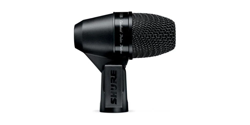 Black Shure PGA56 dynamic microphone with drum mount and swivel joint