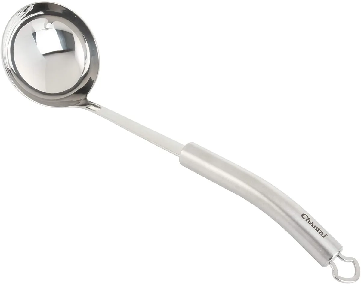 Stainless steel soup ladle with 4 oz bowl, ergonomic handle and hang loop