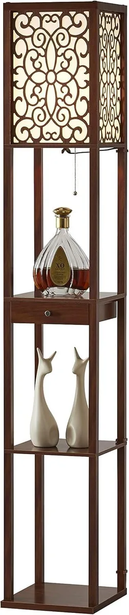 Dark walnut floor lamp with three shelves, a drawer and a white fabric shade