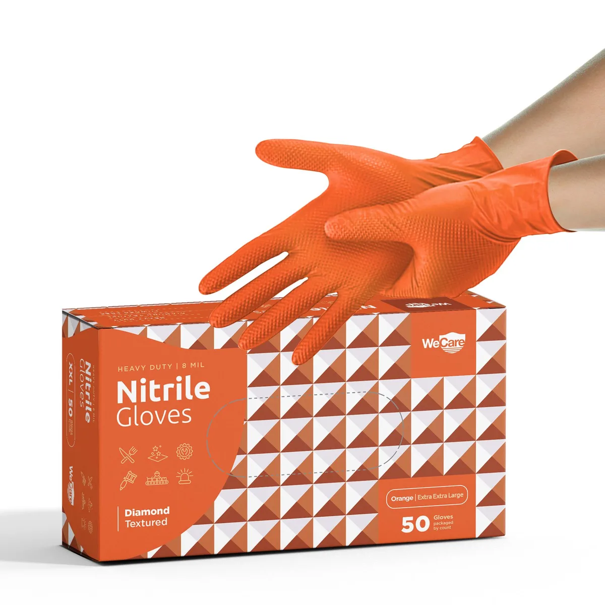 A box of 50 orange nitrile gloves with diamond texture grip