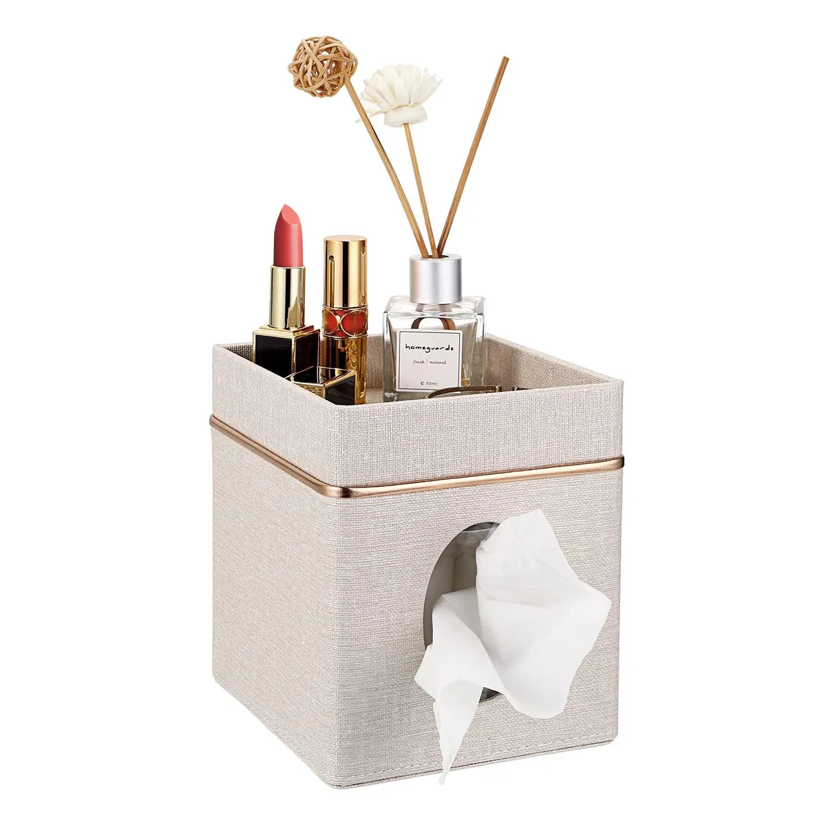 Beige linen square tissue box cover with integrated storage tray