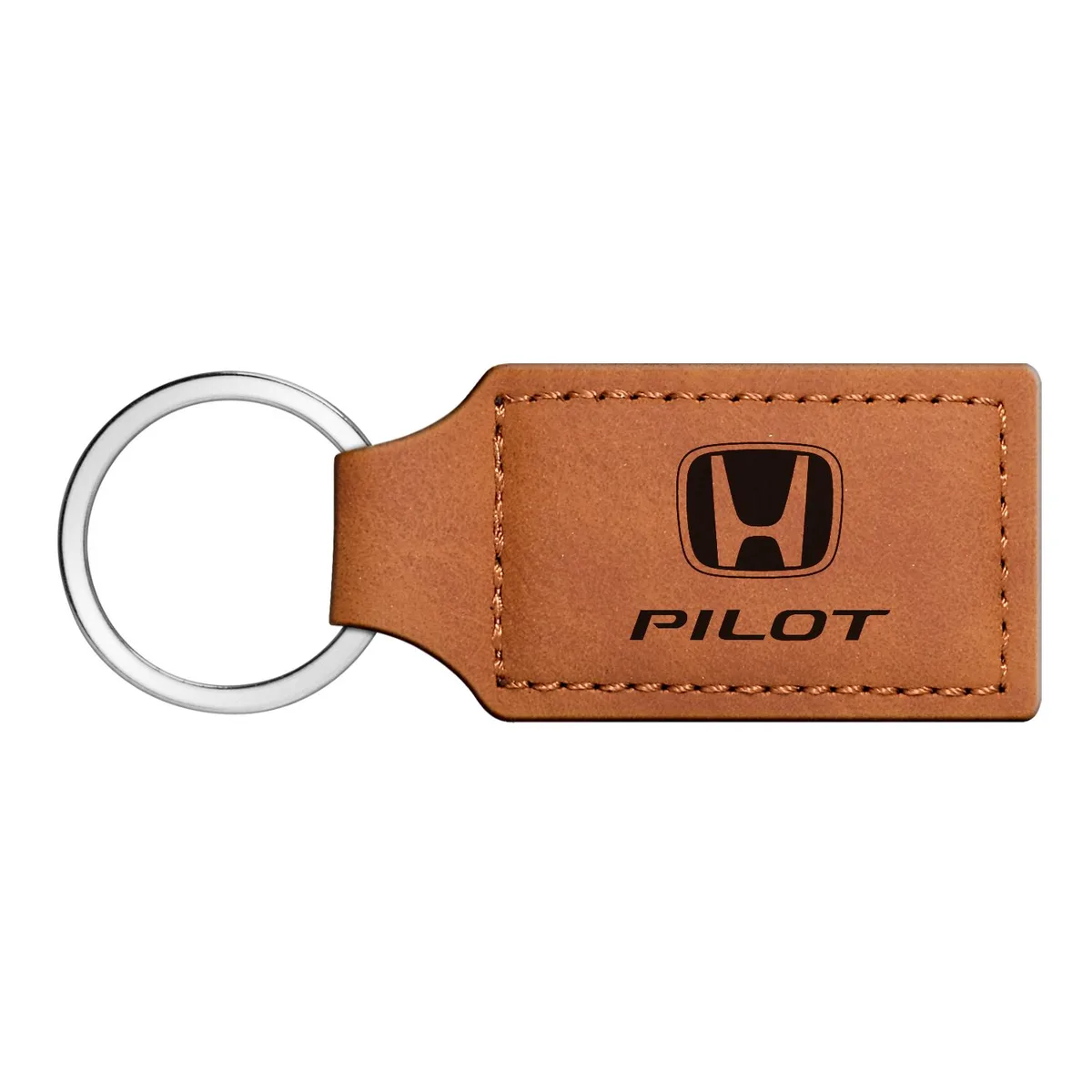 Rectangular brown leather key chain with laser-etched Honda Pilot logo