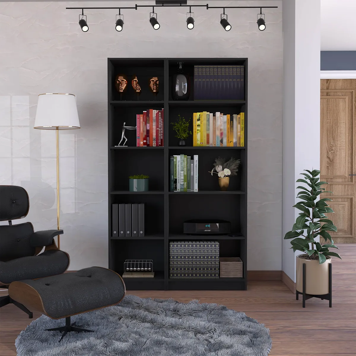 FM FURNITURE FM FURNITURE Sunnyside 2 Piece Set Sutton 4 Shelves + Slim Bookcase Black — product photo