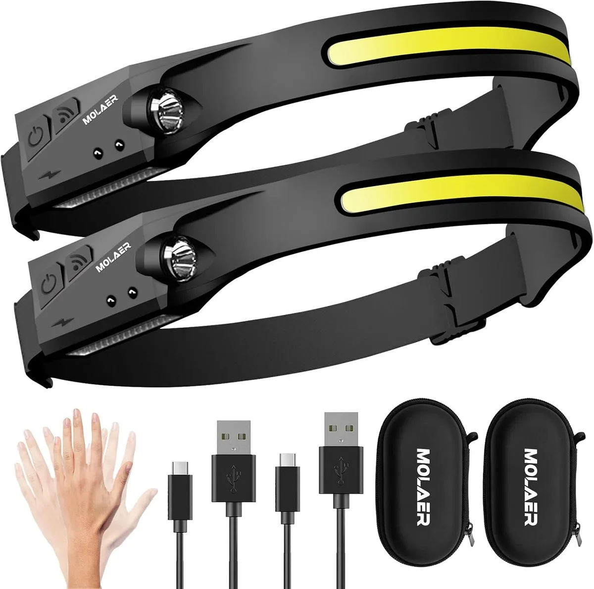 Two lightweight LED headlamps with wide 230° beams, soft silicone bodies and adjustable elastic headbands, USB-C rechargeable