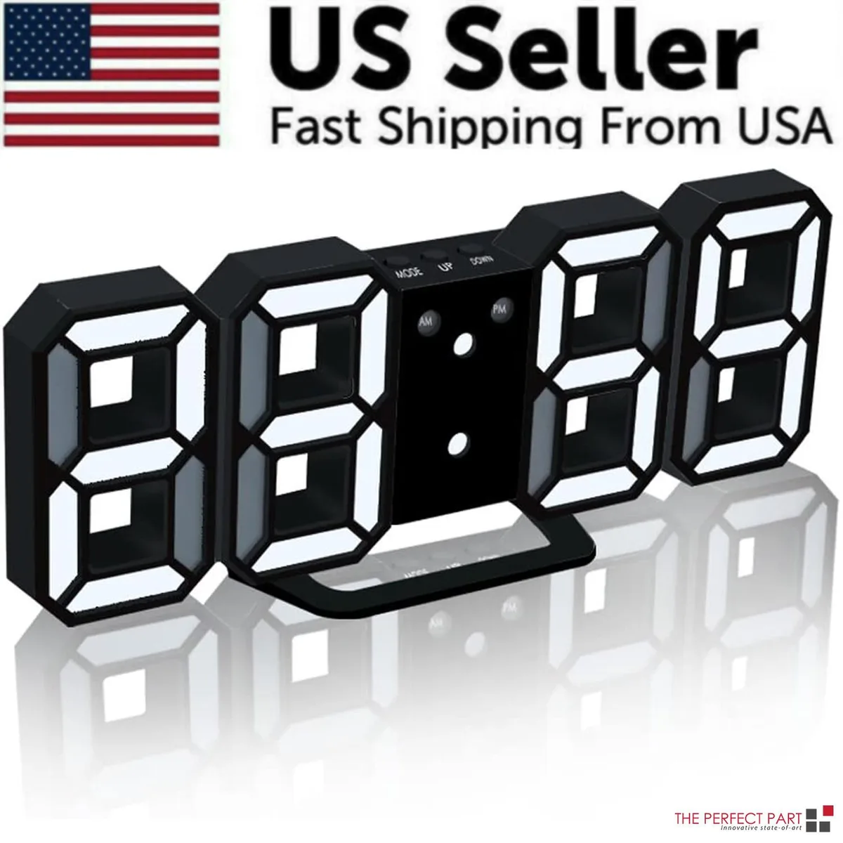 The Perfect Part The Perfect Part Digital 3D LED Clock Black White 12/24H Auto Brightness USB — product photo
