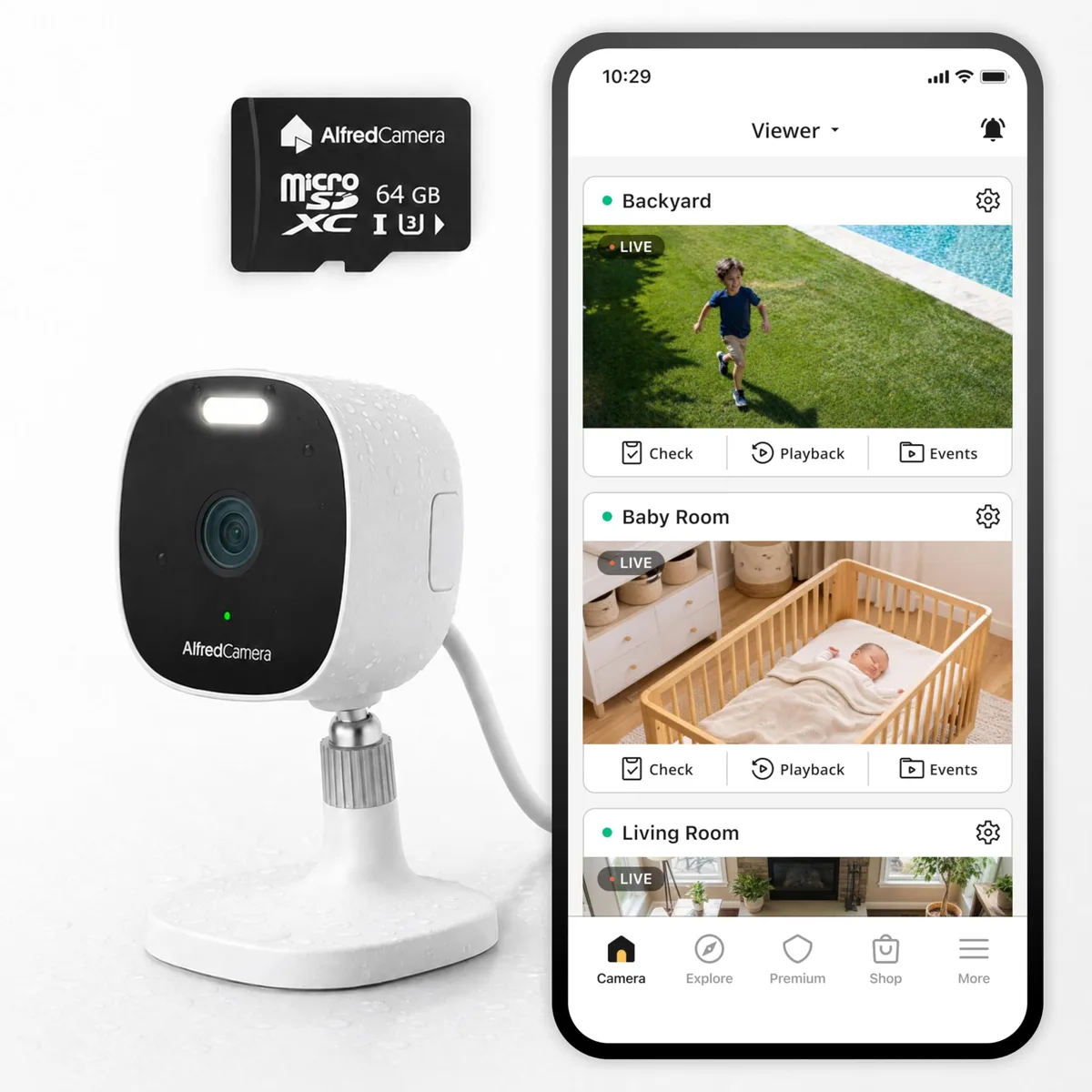 Compact white cube camera with integrated LED spotlight and 3-metre power cable