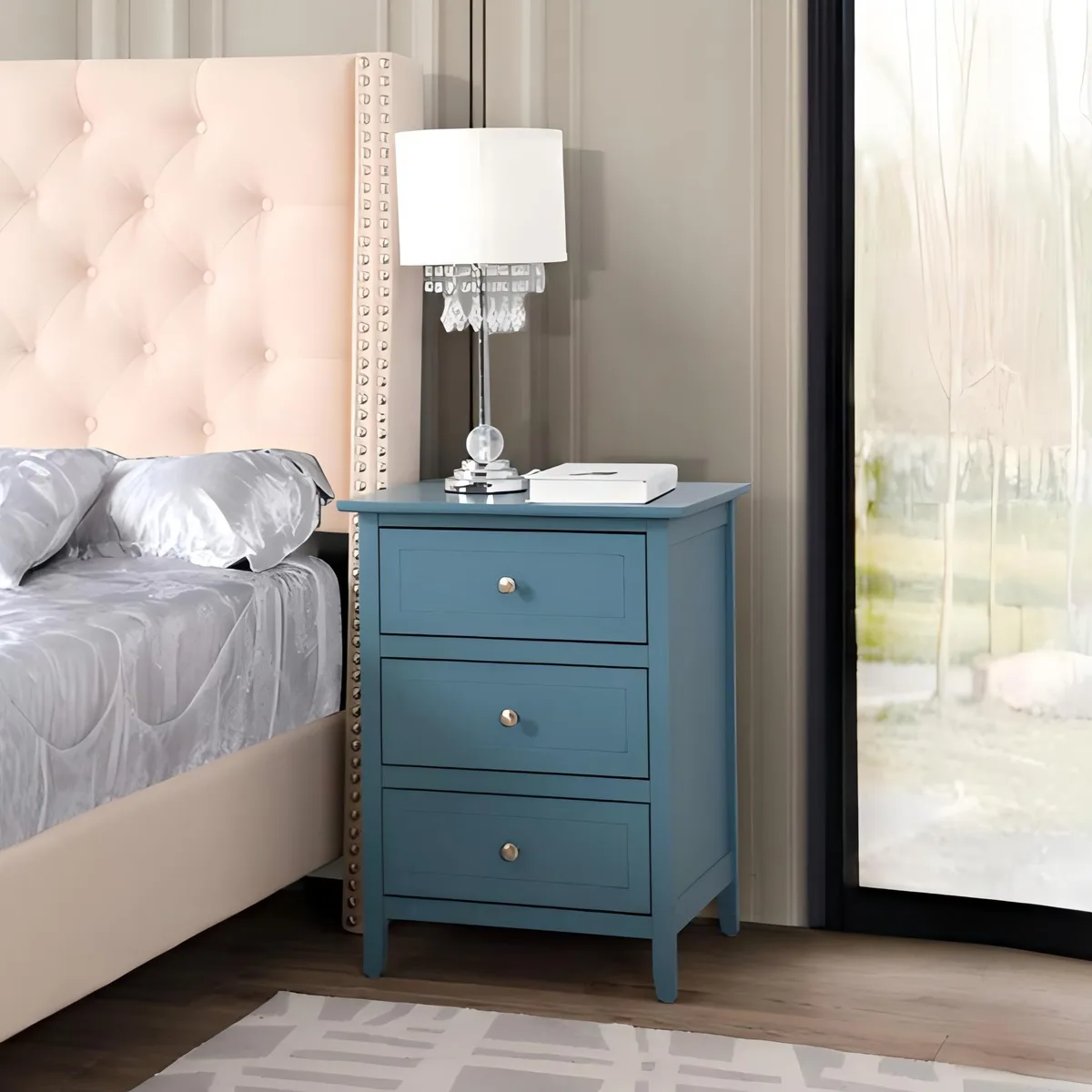 Teal particle-board bedroom set with three drawers