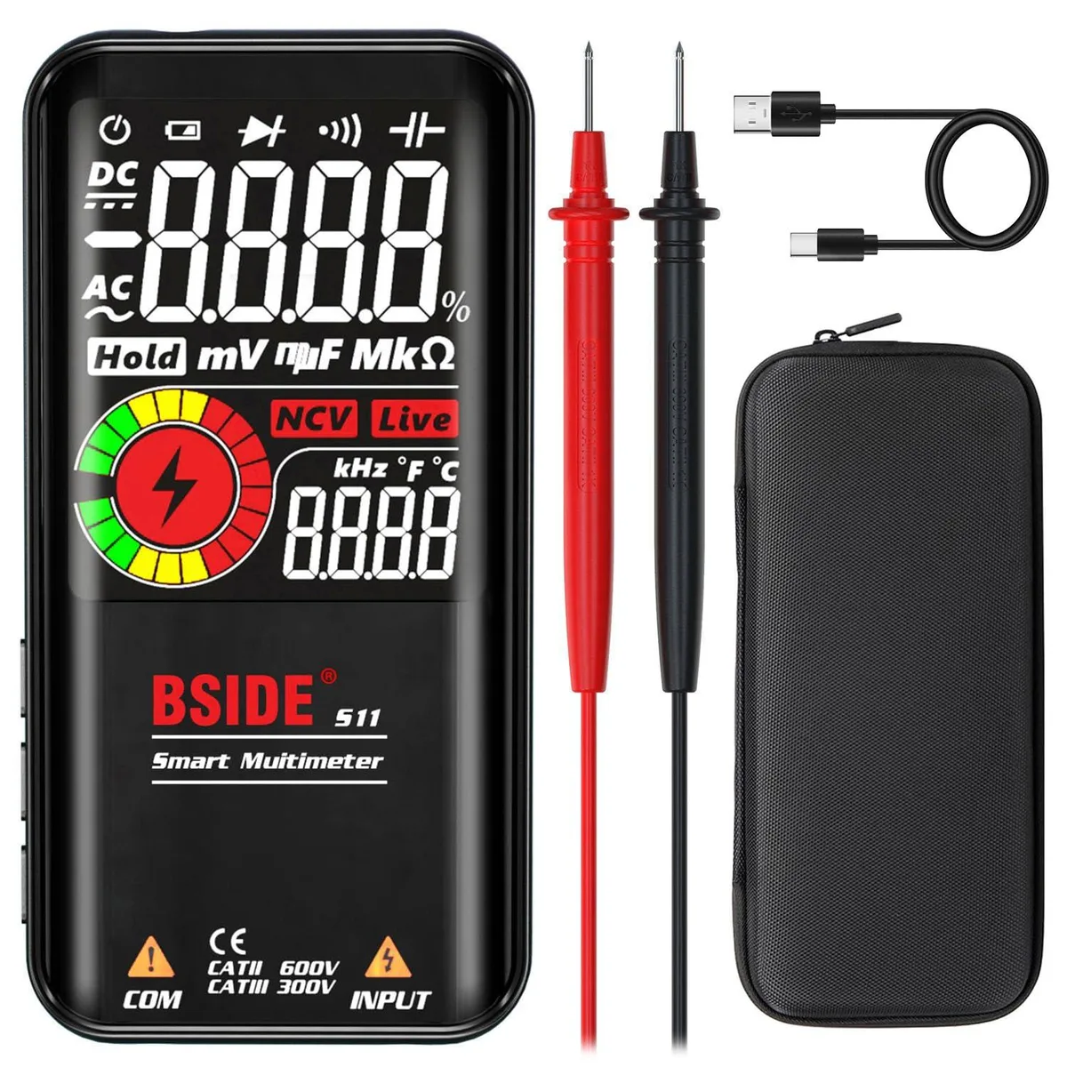 Orange clamp multimeter with colour LCD, 143 by 69 by 17 millimetres