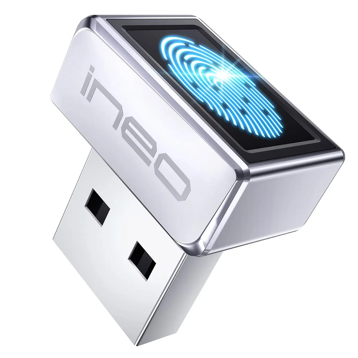 Small silver metal USB fingerprint reader sticking out of a port