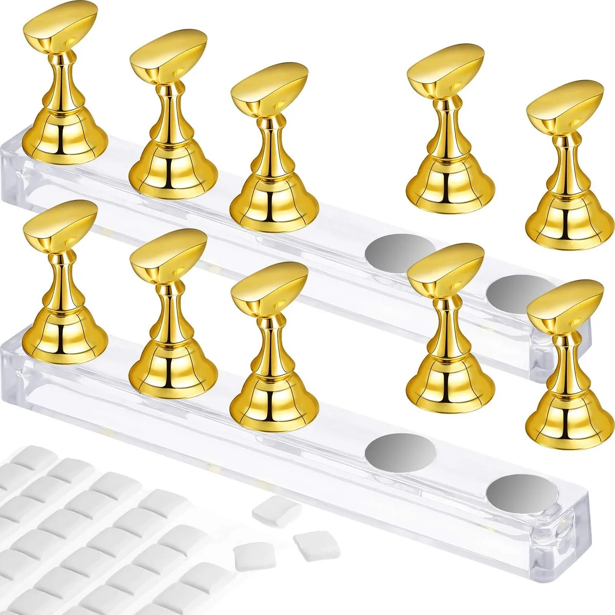 Two gold acrylic nail stands with 96 white adhesive putty squares
