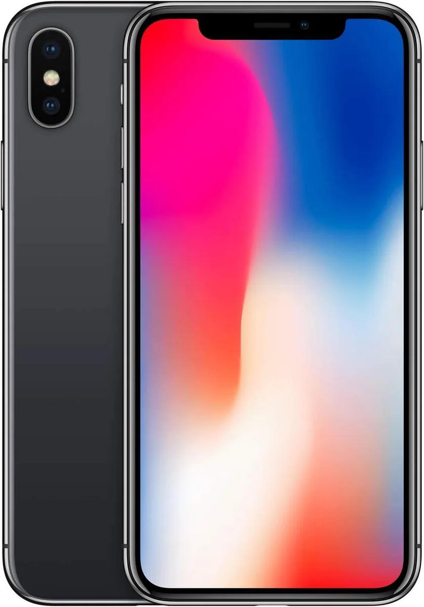 Space Gray iPhone X with edge-to-edge OLED display and dual rear cameras