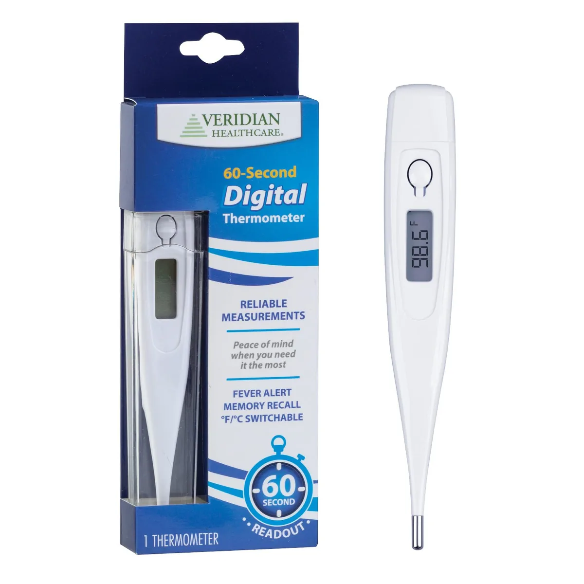  Veridian Digital Thermometer 60-Second Fever Alert Memory Recall Clinical Rigid Tip White — product photo