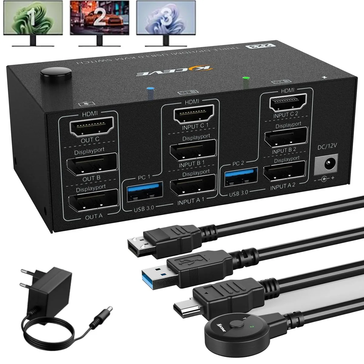 WRIARICH WRIARICH USB 3.0 HDMI + 2 DisplayPort KVM Switch 2 PC 3 Monitors 8K@60Hz 4K@144Hz Wired Remote — product photo