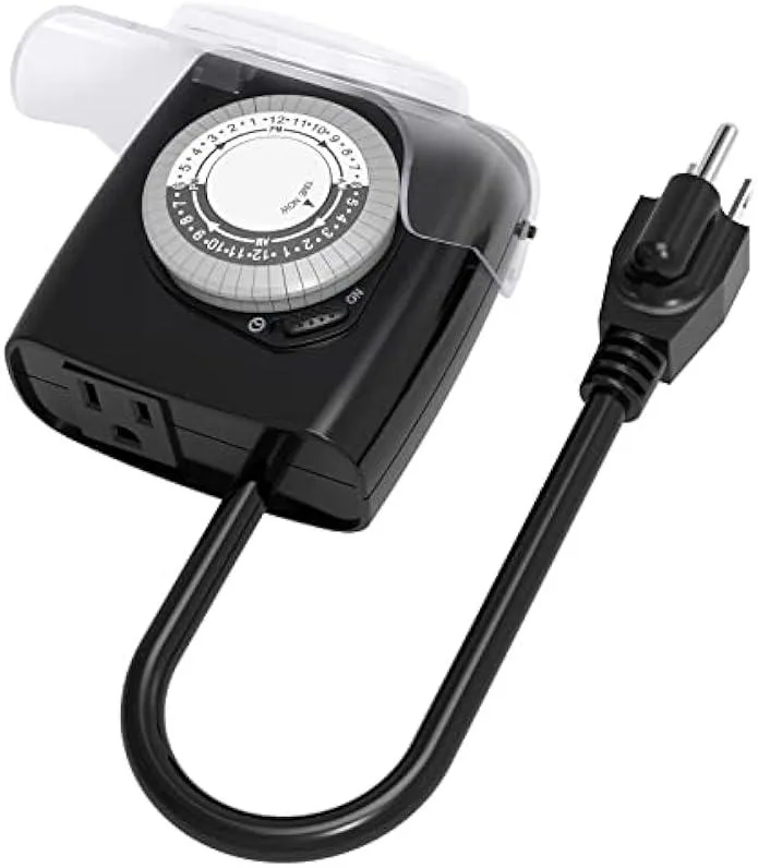 Outdoor mechanical timer with 18 inch cord, grounded outlet and clear waterproof cover
