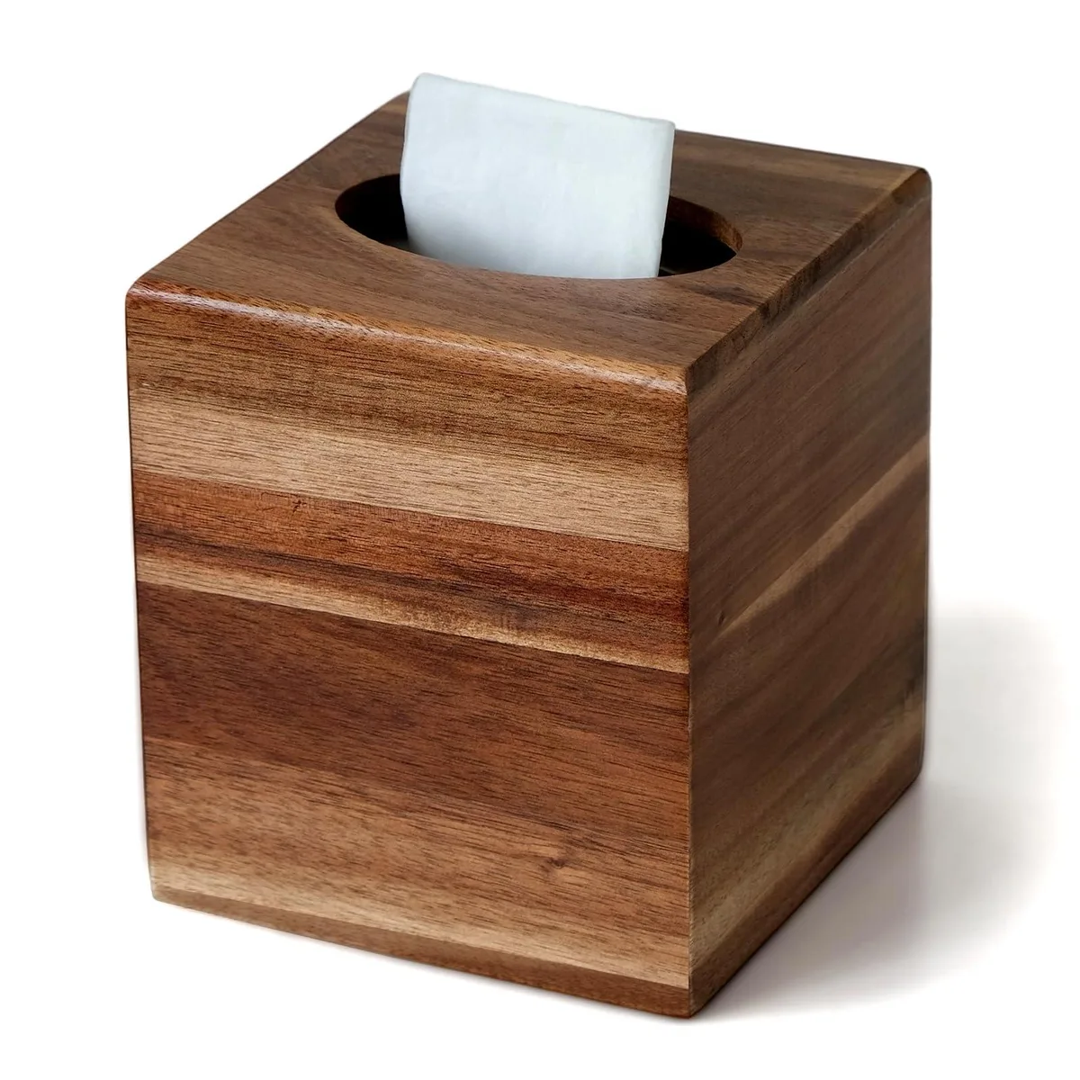 Square acacia wood tissue box cover with slide-out magnetic bottom, natural grain finish