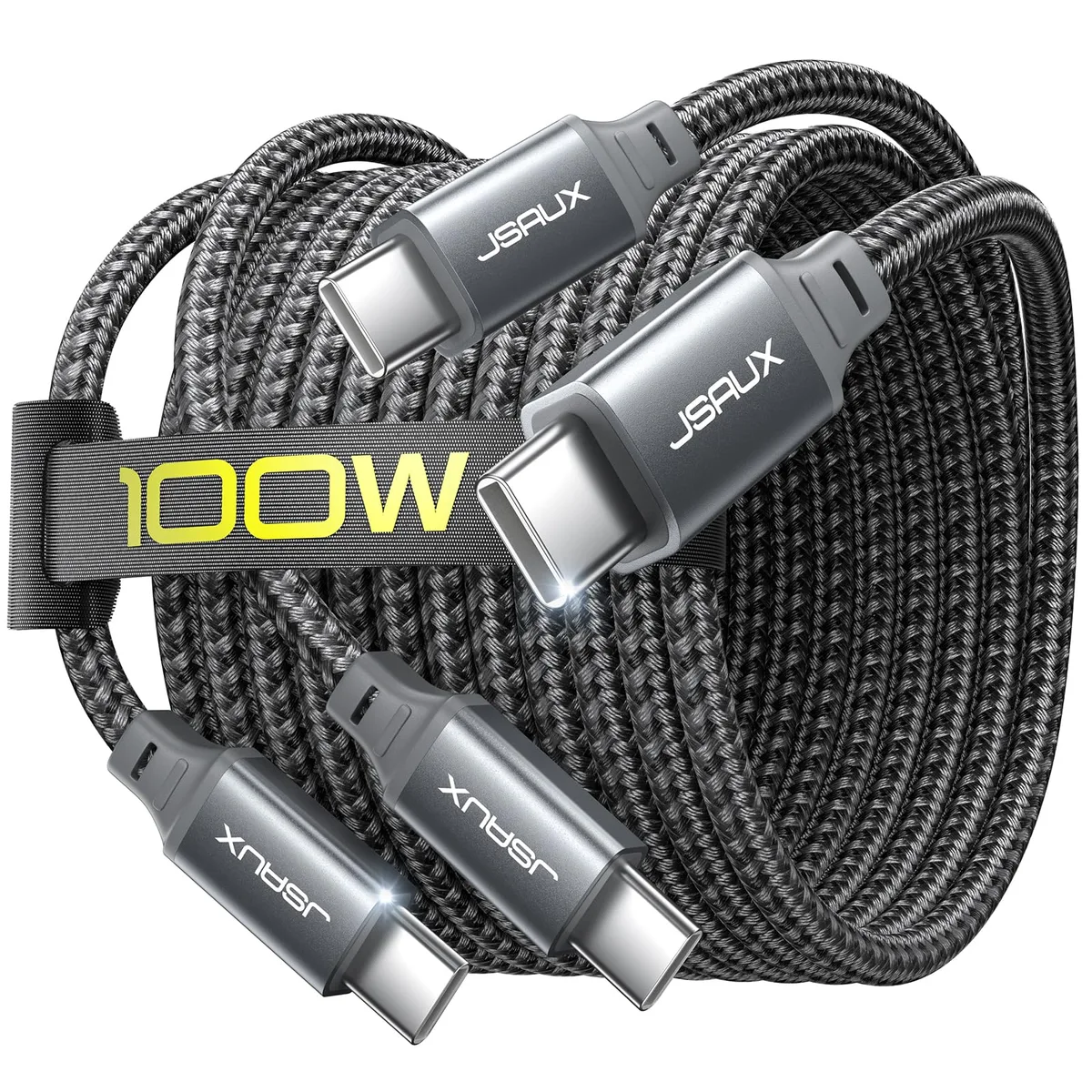 Two grey USB-C to USB-C braided cables coiled together