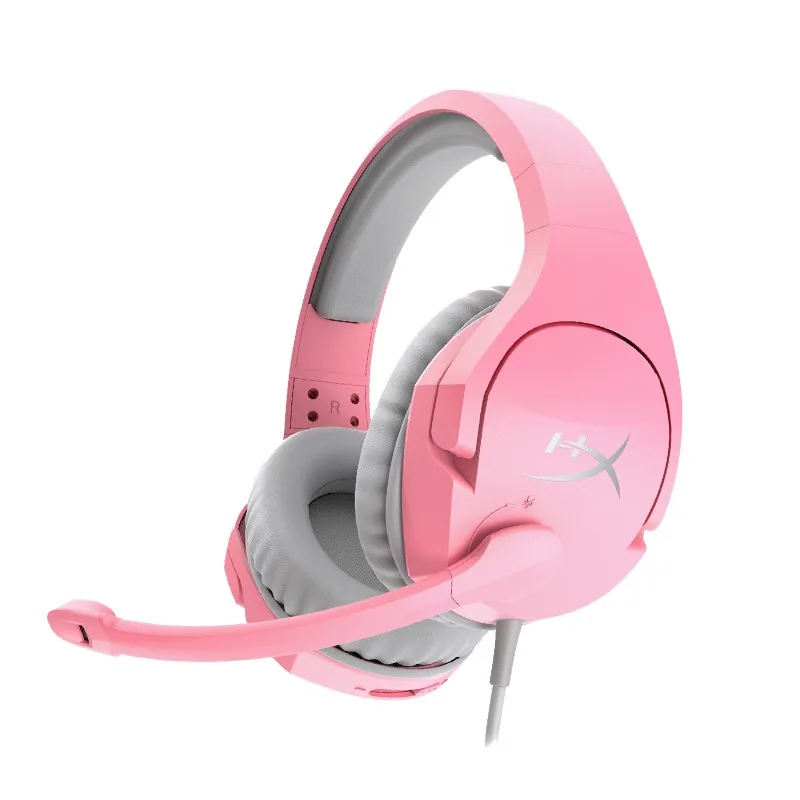 Pink over-ear gaming headset with padded ear cups, steel slider, and flexible boom microphone