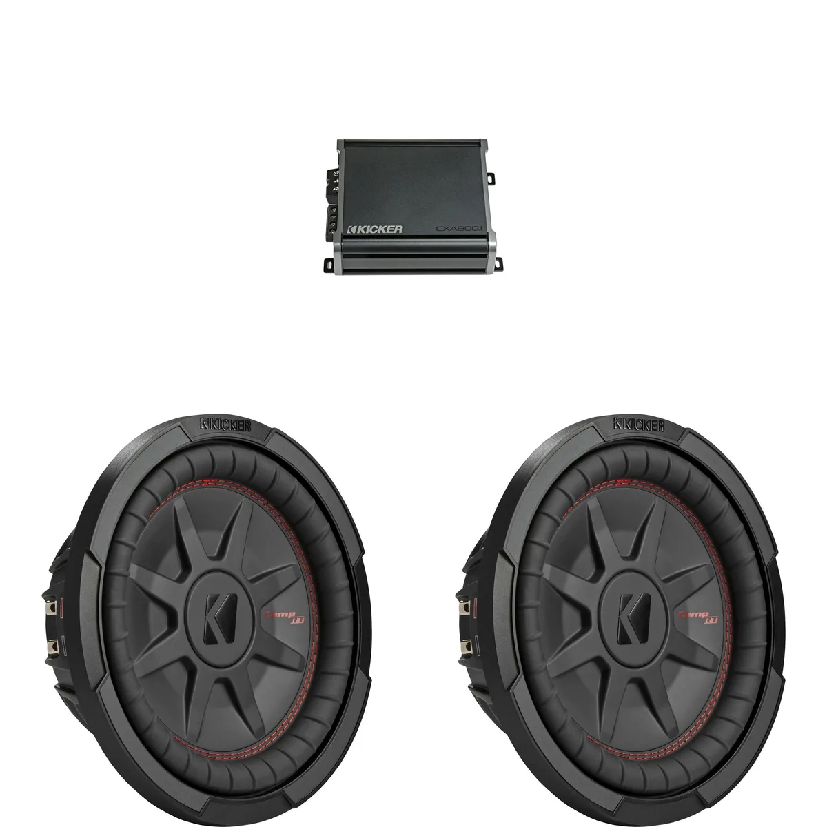 Two black 10-inch shallow subwoofers and a compact mono amplifier