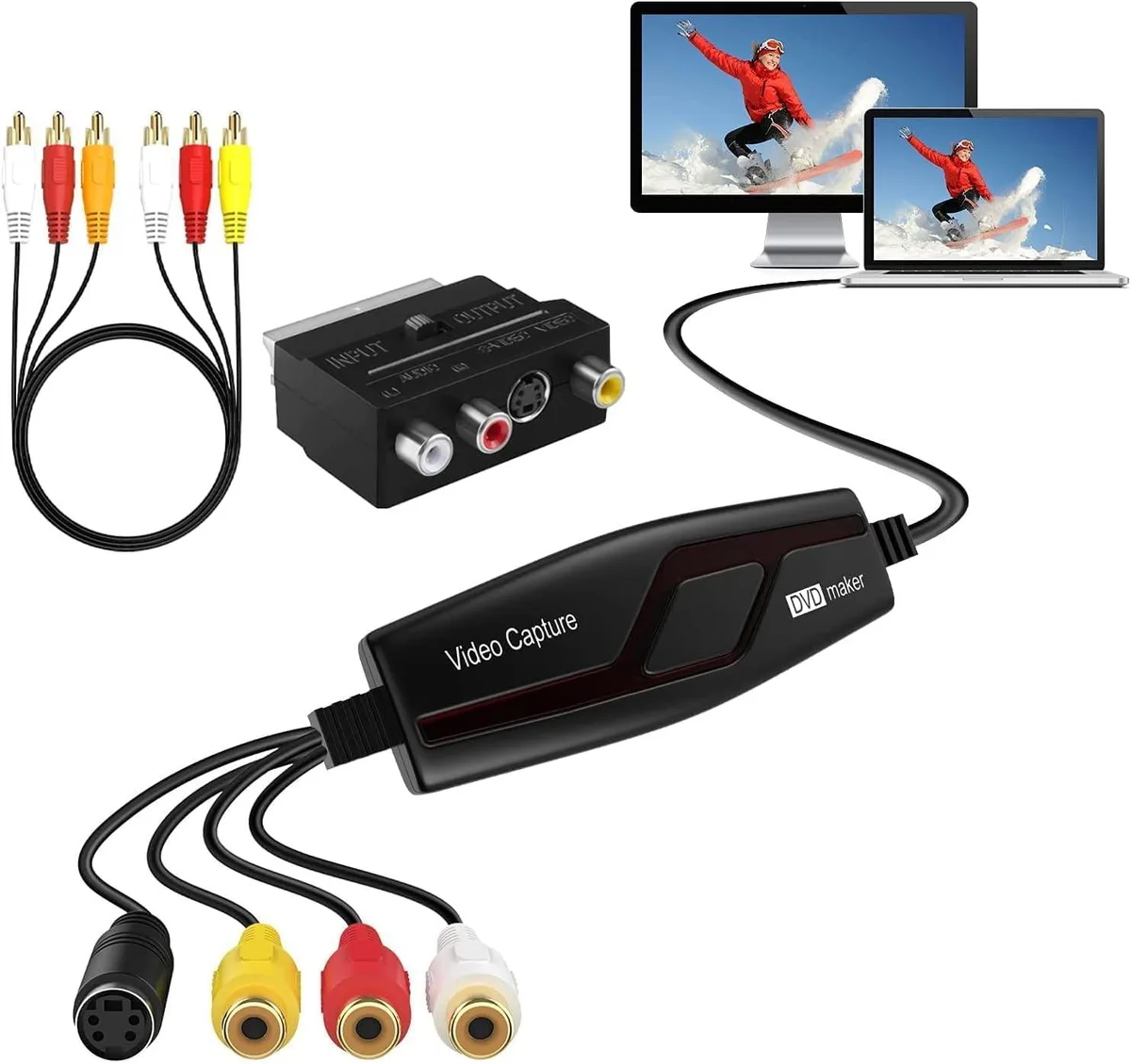 Black rectangular video capture card with RCA connectors and USB cable, 11.1 x 3.5 x 1.3 cm