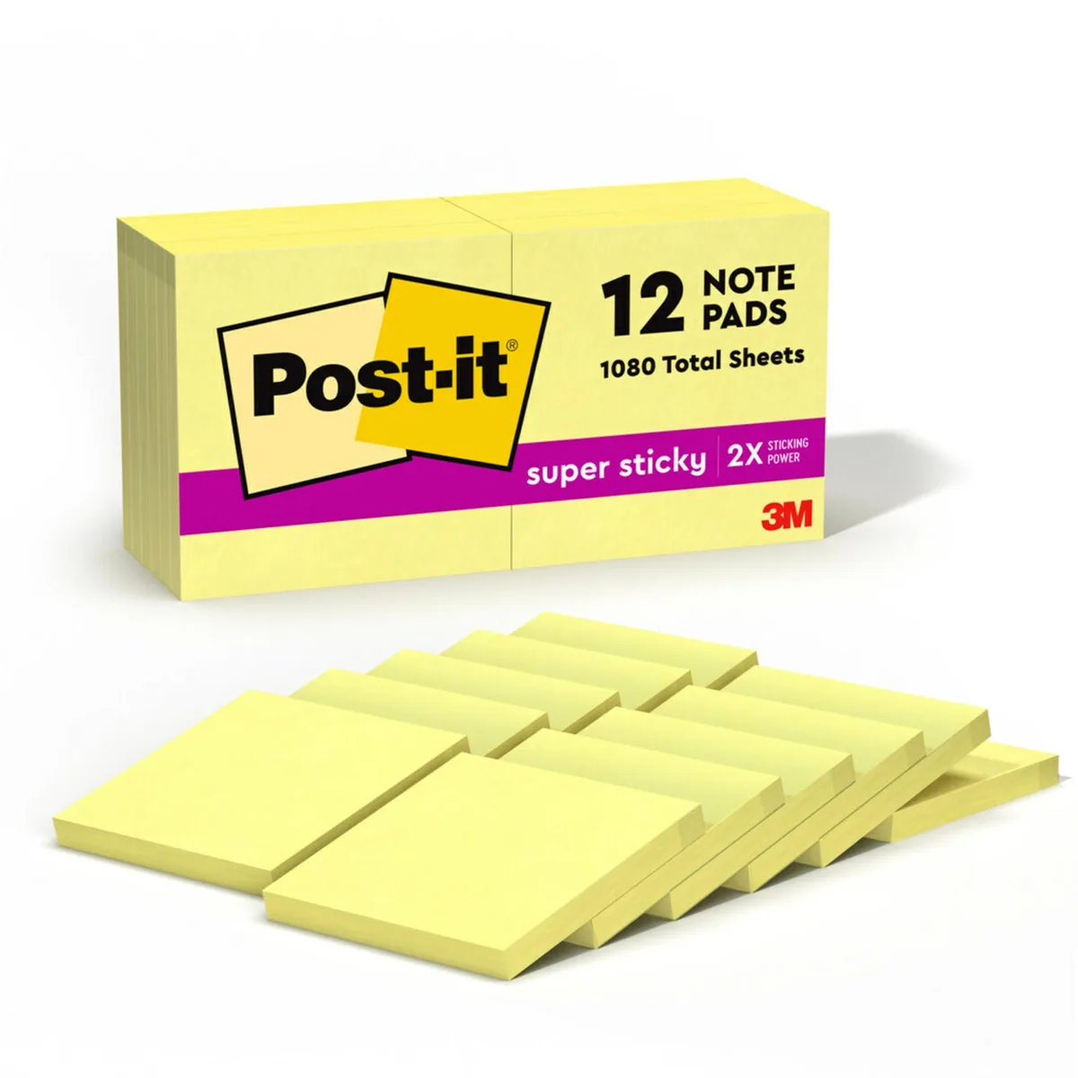Twelve square pads of bright Canary Yellow sticky notes in a cardboard box