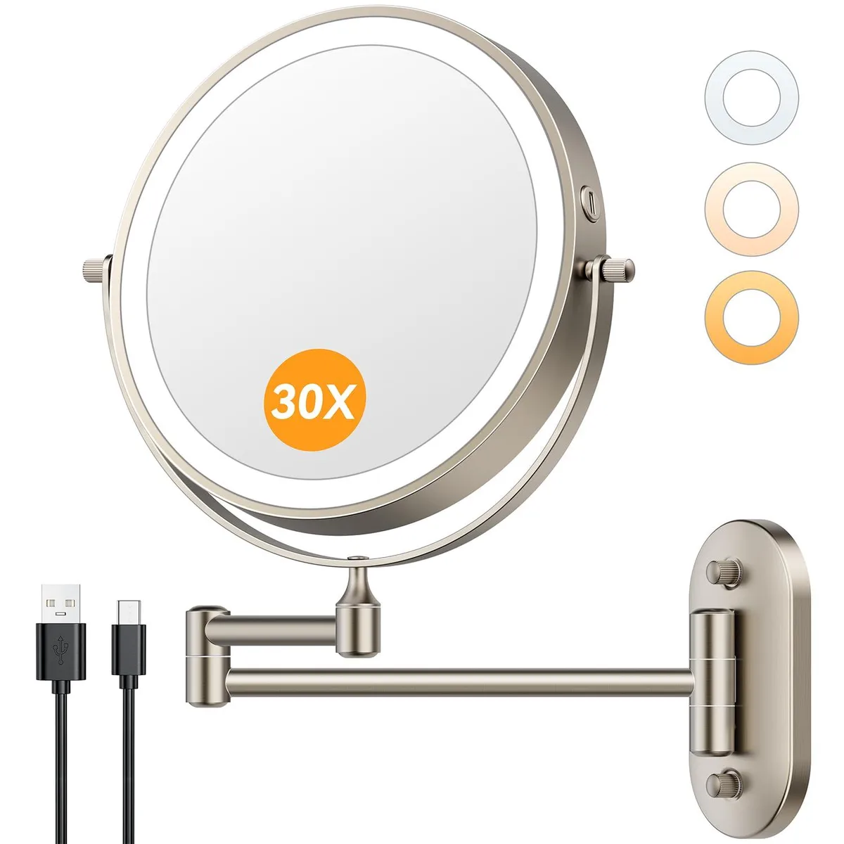  Auxmir X-8CB 30X 8" 54 LED 3200 mAh 14.5" arm bath mirror — product photo
