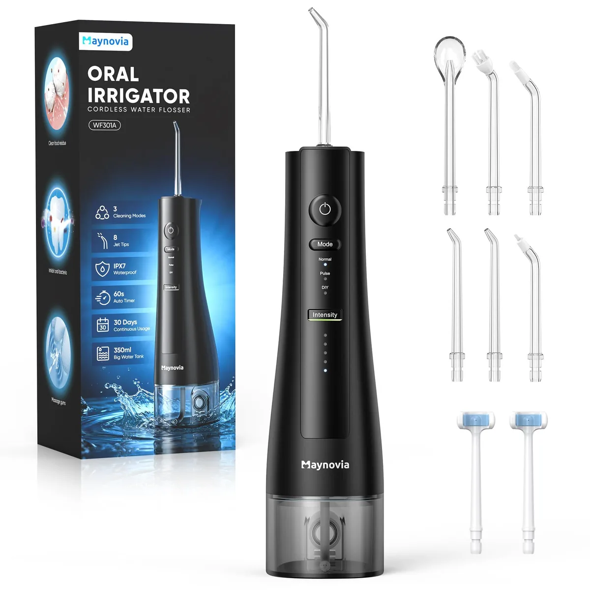 Black cordless water flosser with U-shaped nozzle, 350 ml tank