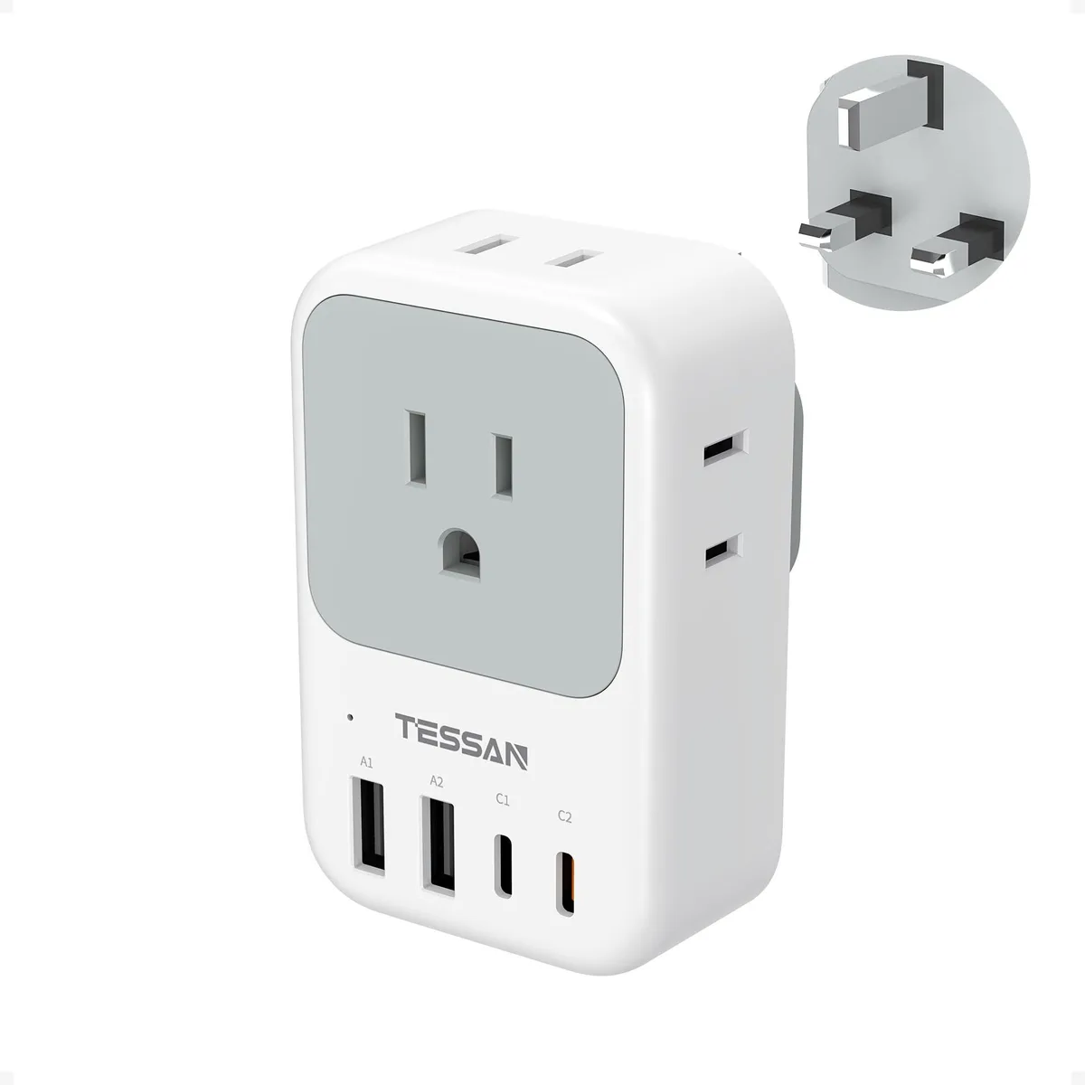  TESSAN Type G Travel Adapter 4 AC 2 USB-C PD 20W 2 USB-A 2.4A Black — product photo