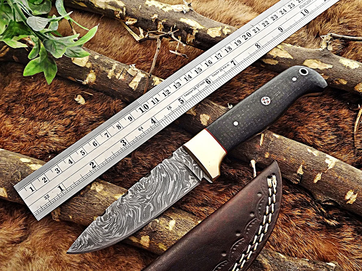 Damascus Depot Damascus Depot 8.5" Full Tang Hunting Knife 4" Blade Black Micarta Brass Bolster Leather Sheath — product photo