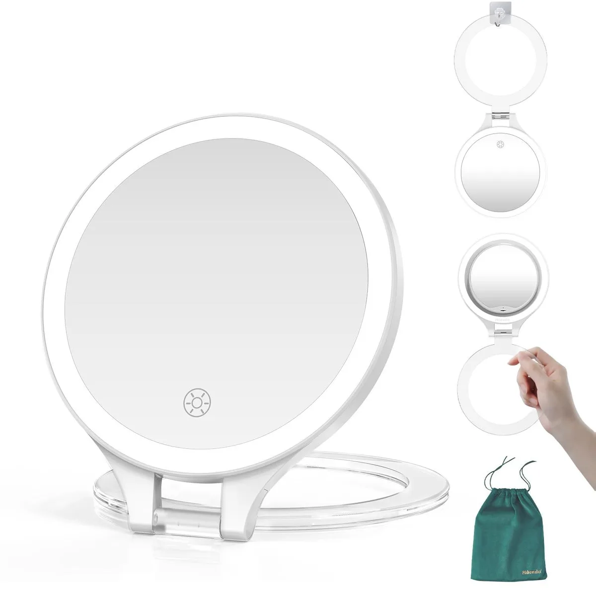 White square tabletop mirror with LED lights, double-sided 1x and 20x magnification