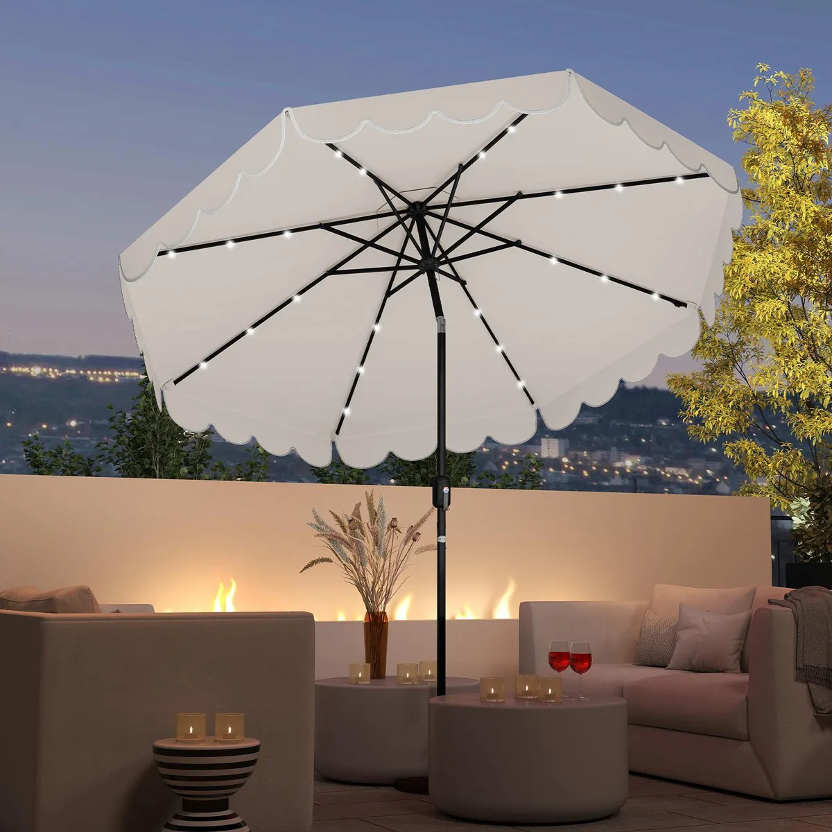 Beige 9.3 ft solar patio umbrella with 24 LED lights on metal ribs, vented top and ruffled edges