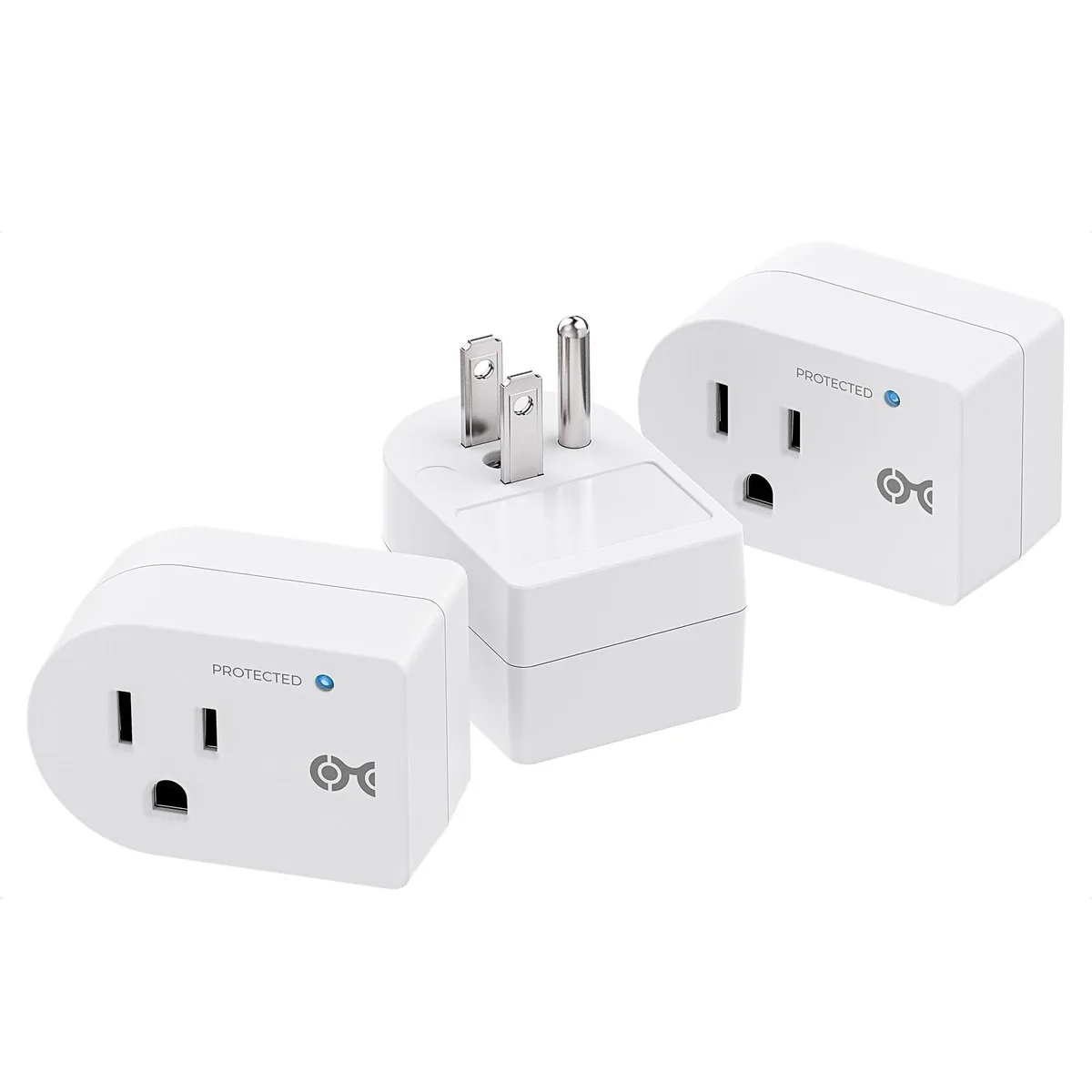 Compact white surge protector plug with single grounded outlet and LED indicator
