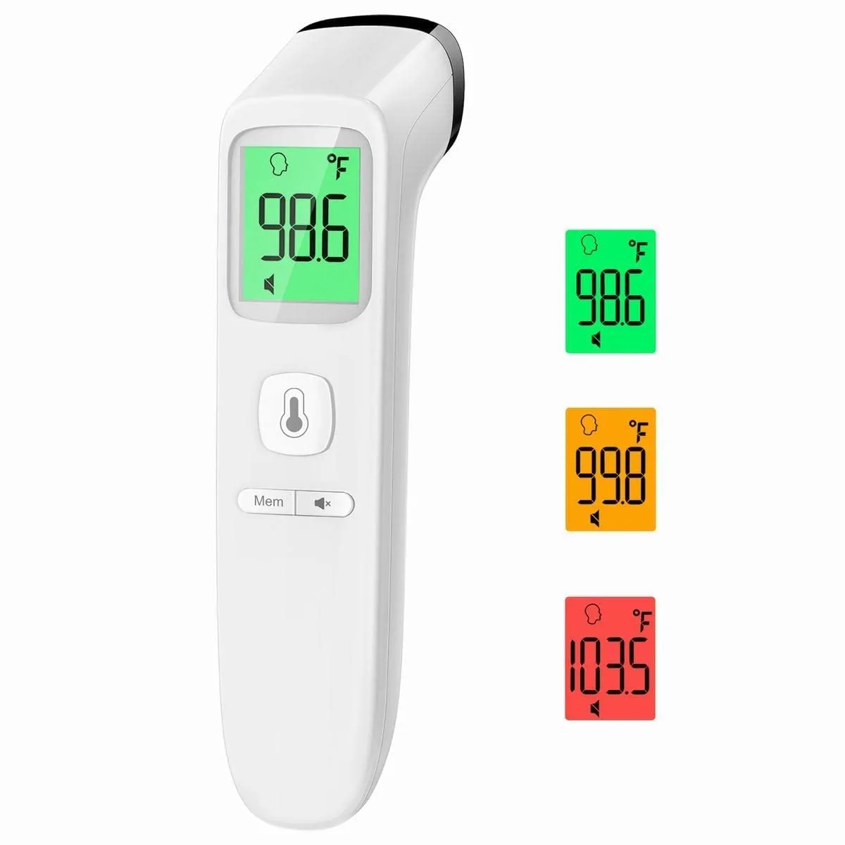 White handheld infrared thermometer with backlit display and single button control