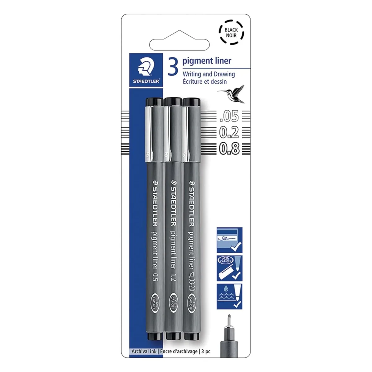  Staedtler Pigment Liner 3 Pens Black 0.05 .2 .8 mm — product photo