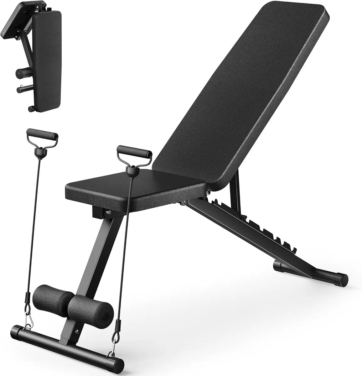 Foldable steel weight bench with leather pad and resistance bands, shown flat