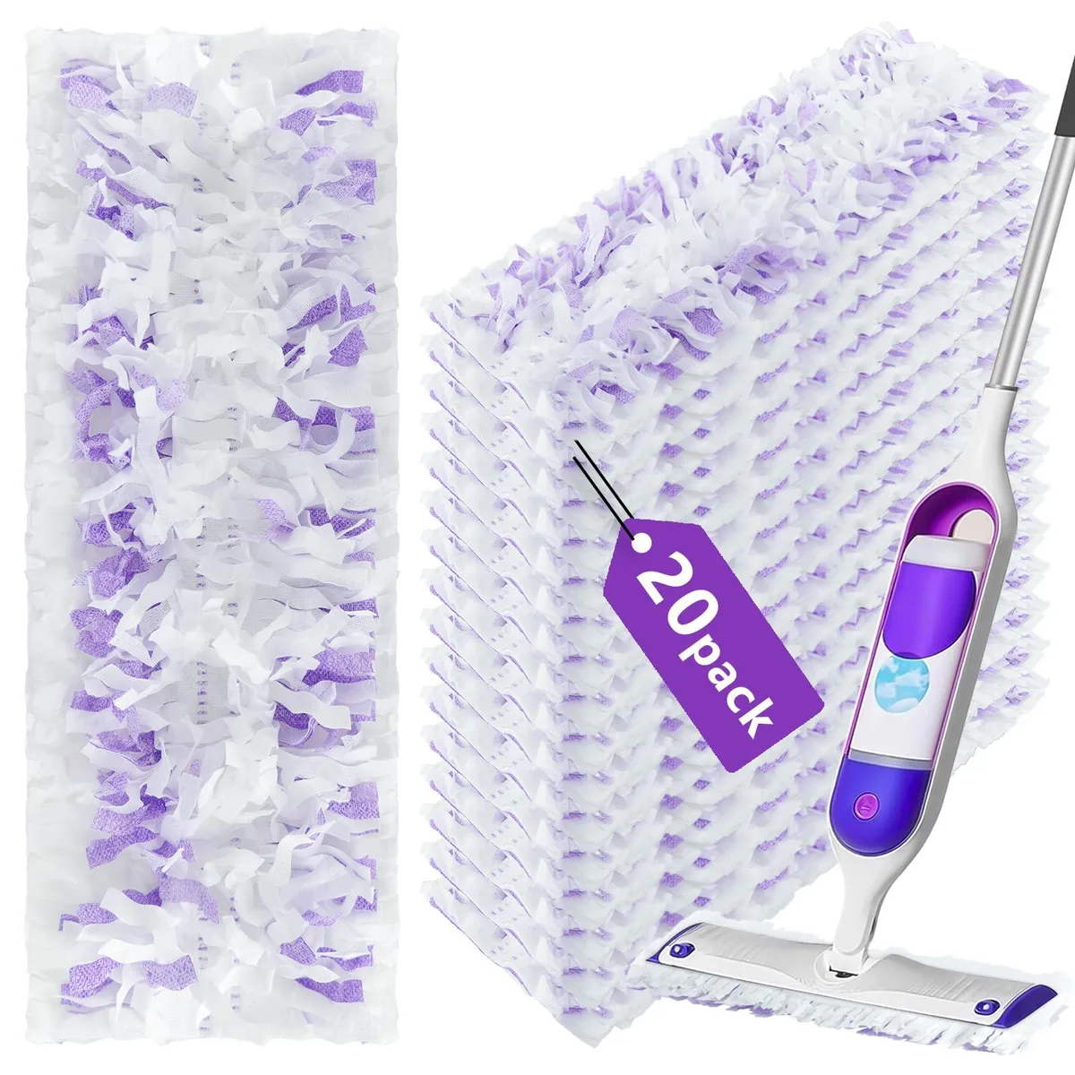 White disposable mop pads in rectangular pack, textured fabric strips visible