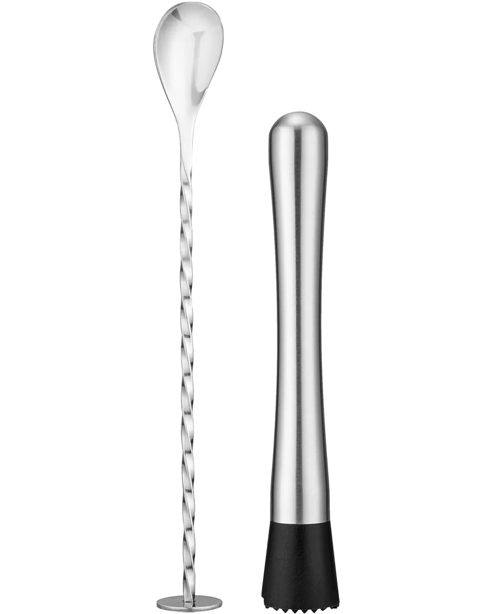 Two stainless steel bar tools, a muddler and twisted spoon, silver finish