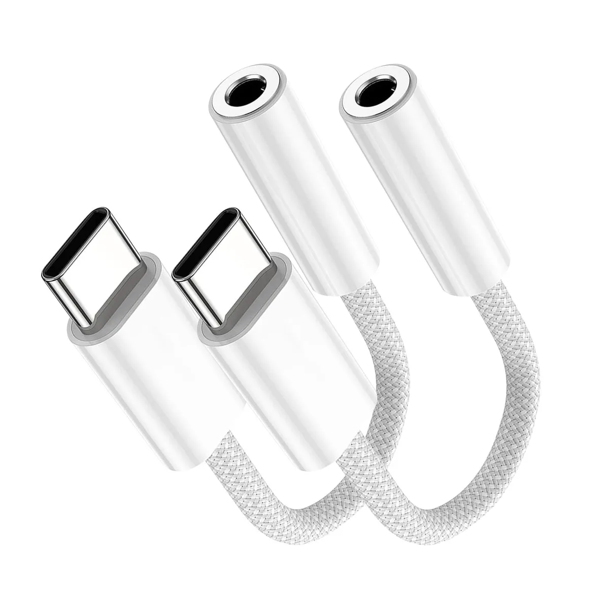 Two white USB-C to 3.5 mm adapters with braided cables