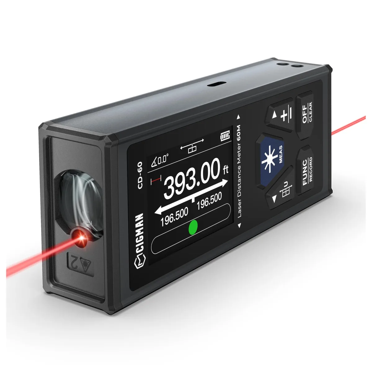 Compact dual-laser distance meter with backlit LCD display