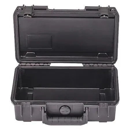 Black plastic protective case with two latches and a folding handle