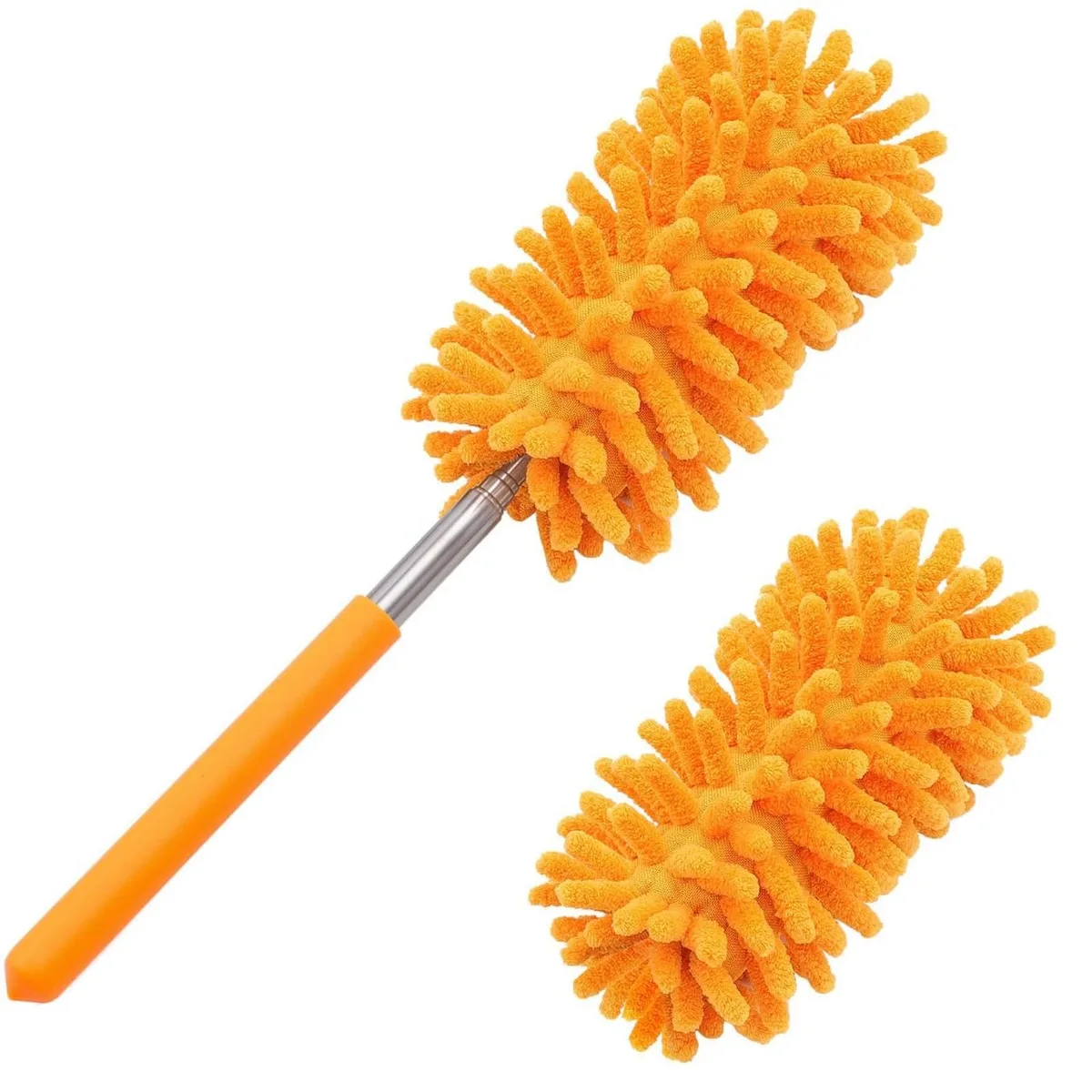 Orange microfiber duster with telescoping pole extended to 29 inches, two detachable heads visible