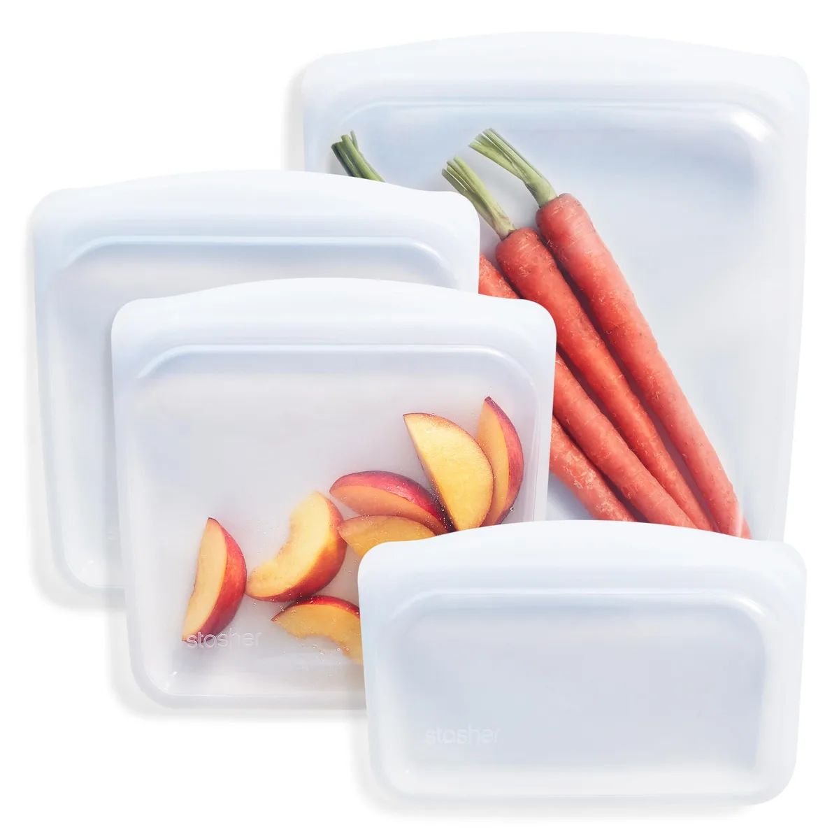 Four clear silicone bags in three sizes with pinch seals