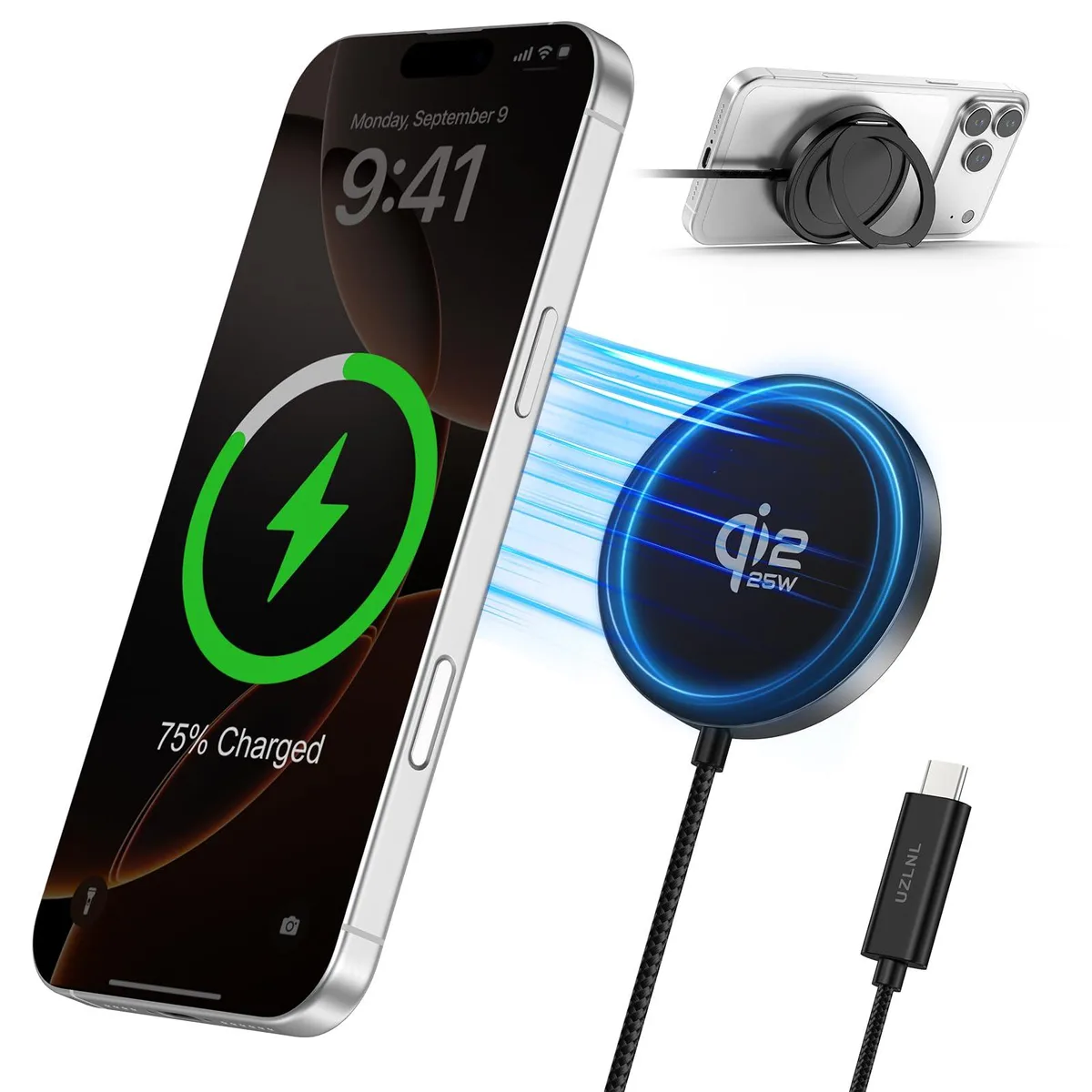 White square wireless charging pad with foldable kickstand and magnetic alignment ring