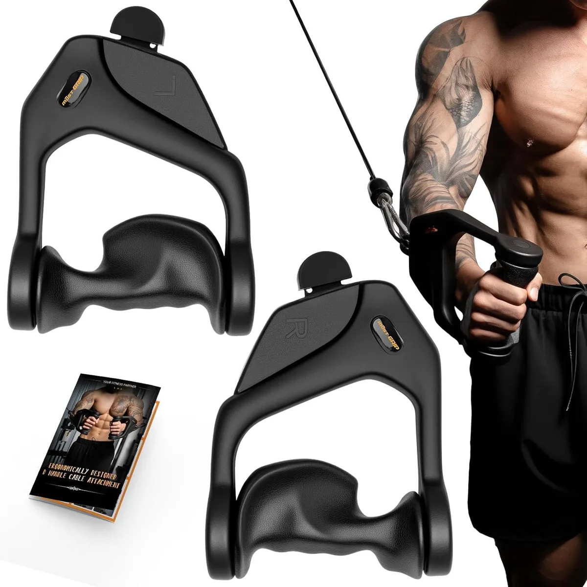 Black D-shaped cable attachment with rotating rubber grips and metal carabiner clip