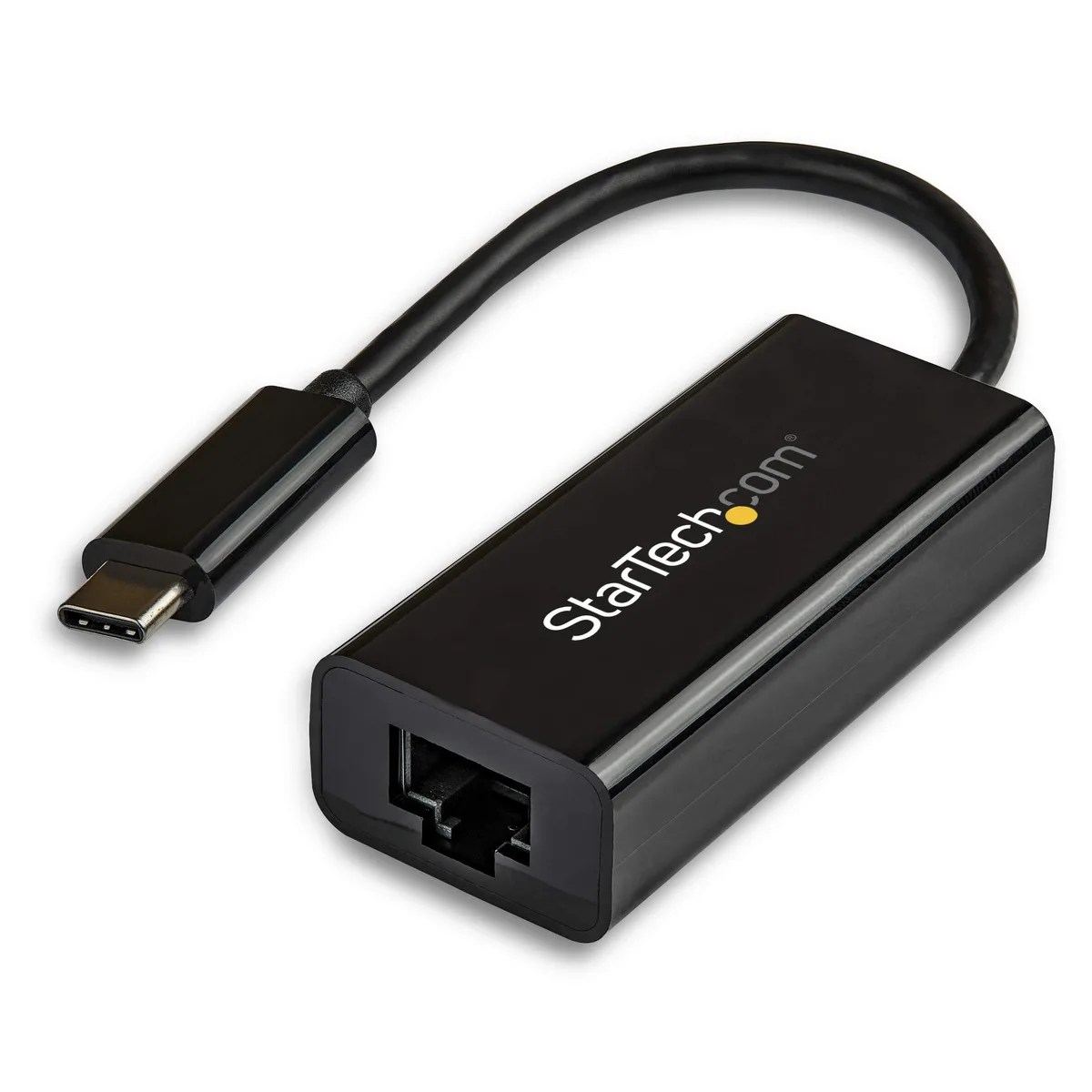 Compact black USB-C to RJ45 network adapter with short attached cable