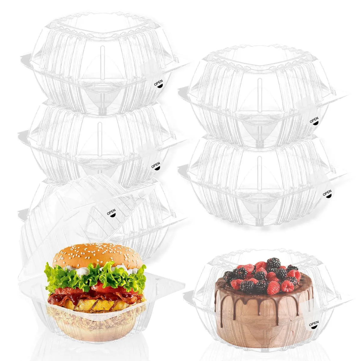 Twenty-five clear hinged clamshell containers with sealing stickers, red accents, stacked together