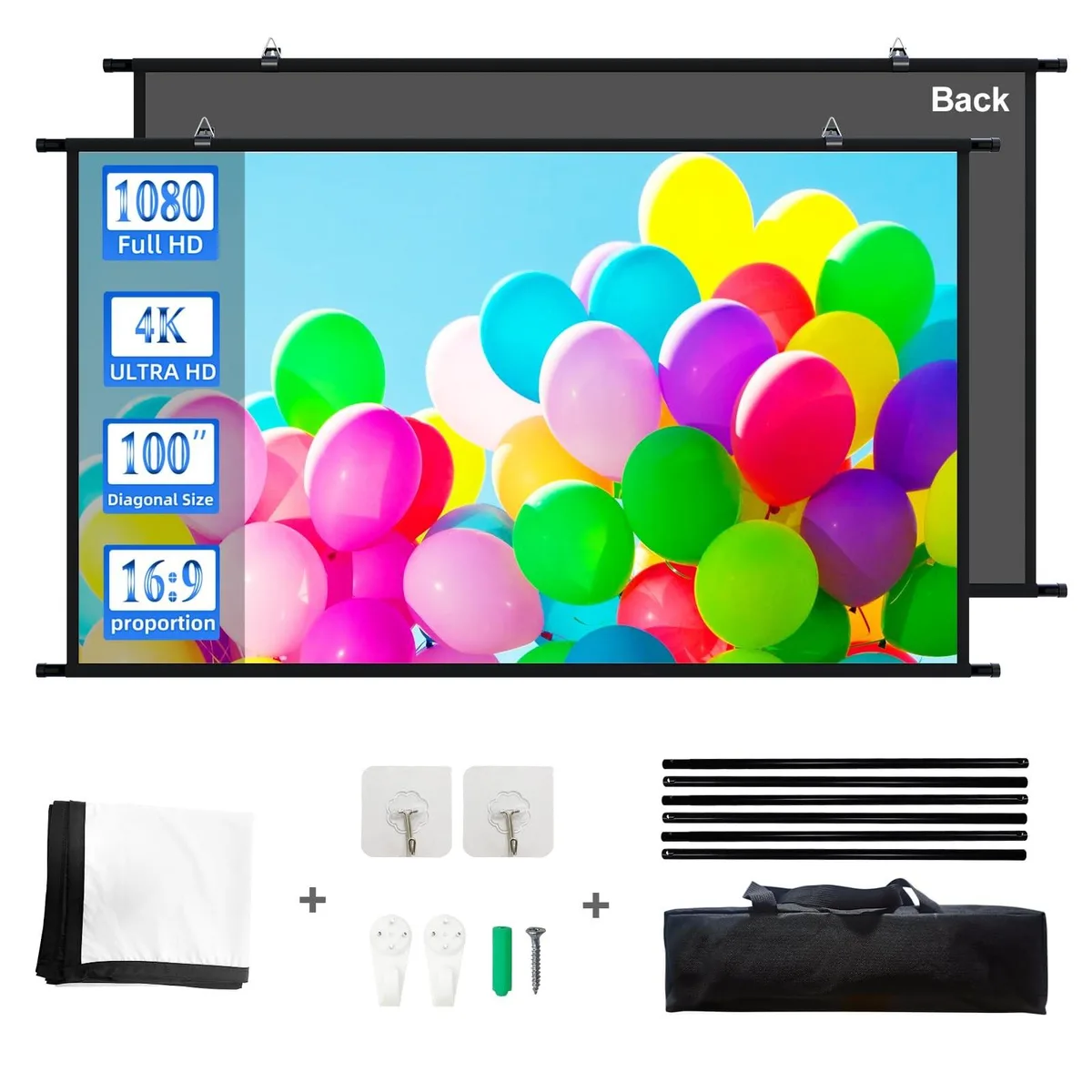 White rectangular projector screen 100 inch diagonal 16:9 with black backing and carry bag