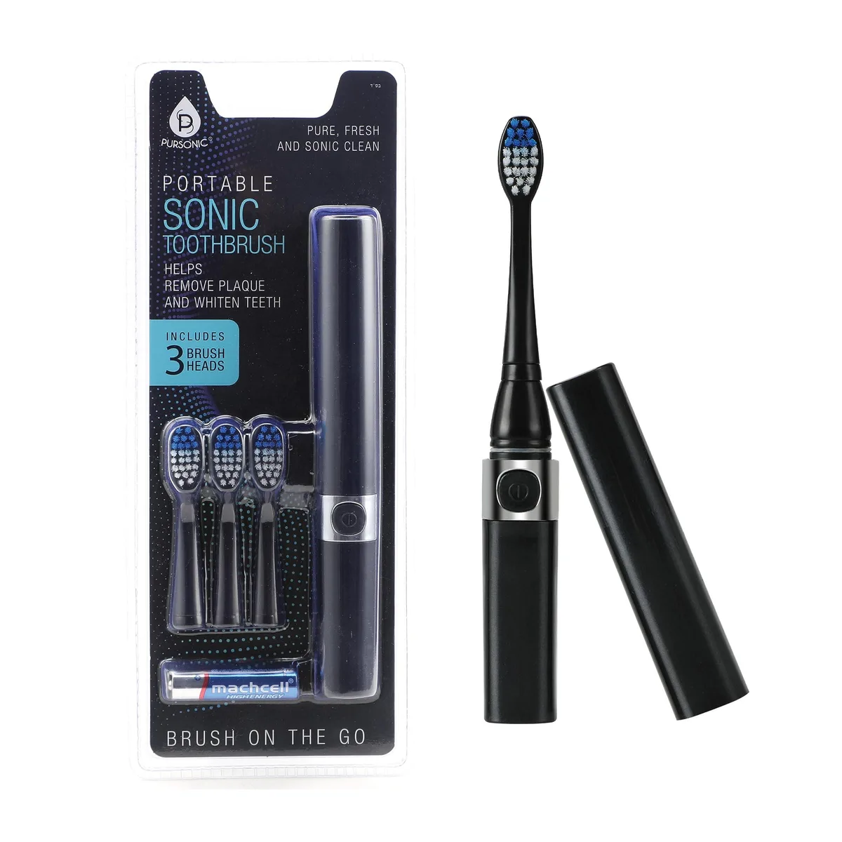 Black sonic toothbrush with travel cap and three brush heads