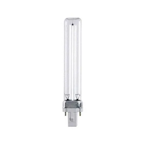 Compact UV-C germicidal bulb with G23 two-pin base and clear tubular glass