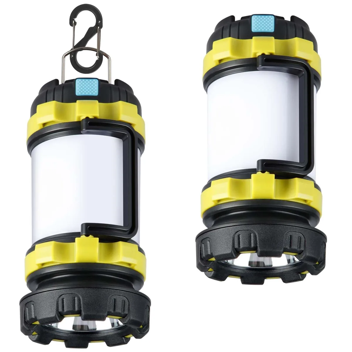 Two green cylindrical LED flashlights side by side, matte ABS finish, USB ports covered
